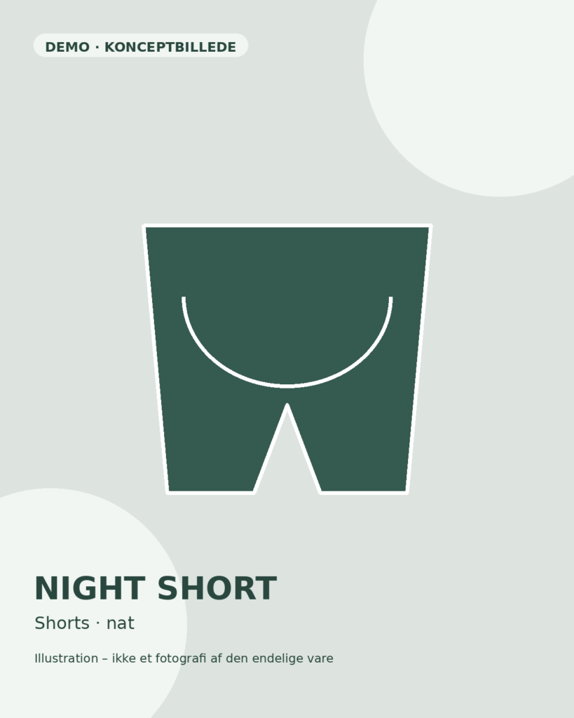 Mivana Night Short, konceptillustration forfra. Demo – ikke endeligt produkt.